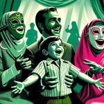 یک پوستر مینی مال با رنگ های سبز و صورتی طراحی کن که در آن یک پدر و مادر به همراه فرزند 6 ساله خود نقاب های نمایش بر صورت زنده اند و در حال ایفای نمایش هستند