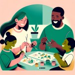 یک پوستر مینی‌مال برای کارگاه نمایش خلاق کودک به همراه پدر و مادر با تم رنگی سبز و صورتی طراحی کن بدون نوشته
