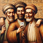 سلفی سه شاعر ایرانی قرن ۷ و ۸ یعنی سعدی و 
 حافظ و مولانا با لبخند و لباس‌های قدیمی زمان خودشان