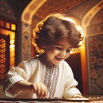 یک کودک خوشحال که داره لگ. بازی میکنه، انگار توی یک خونه ایرانی هست، حتما طرح فرض ایرانی باشه، داره لگ. بازی میکنه و این کودم 8 سال سن داره و پسر با موهای فرفری و لپ های متوسط و پوست سفید