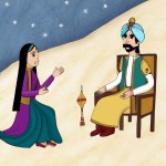 زنی با لباس ایرانی در کنار پادشاه نشسته و در حال قصه گفتن برای اوست و پادشاه  به او نگاه میکند