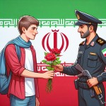 دانش آموز پسر ایرانی در حال دادن گل قرمز به پلیس مرد ایرانی در کنار پرچم ایران