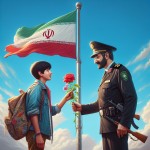 دانش آموز پسر ایرانی در حال دادن گل قرمز به پلیس مرد ایرانی در کنار پرچم ایران