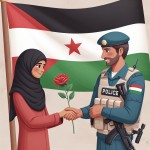 دانش آموز پسر ایرانی در حال دادن گل قرمز به پلیس مرد ایرانی در کنار پرچم ایران