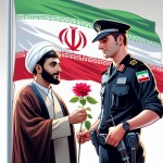 دانش آموز پسر ایرانی در حال دادن گل قرمز به پلیس مرد ایرانی در کنار پرچم ایران