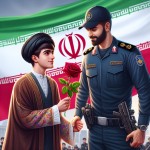 دانش آموز پسر ایرانی در حال دادن گل قرمز به پلیس مرد ایرانی در کنار پرچم ایران
