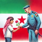 دانش آموز پسر ایرانی در حال دادن گل قرمز به پلیس مرد ایرانی در کنار پرچم ایران