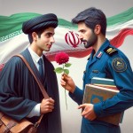 دانش آموز پسر ایرانی در حال دادن گل قرمز به پلیس مرد ایرانی در کنار پرچم ایران