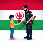دانش آموز پسر ایرانی در حال دادن گل قرمز به پلیس مرد ایرانی در کنار پرچم ایران