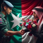 پلیس مرد جوان ایرانی با لباس سبز پلیس در حال گل دادن به دانش آموز پسر ایرانی در کنار پرچم ایران