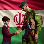 دانش آموز پسر ایرانی در حال دادن گل قرمز به پلیس مرد ایرانی جوان با لباس سبز پلیسی و آستین بلند و بدون کلاه و اسلحه در کنار پرچم ایران