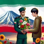 پلیس مرد جوان ایرانی با لباس سبز پلیس در حال گل دادن به دانش آموز پسر ایرانی که در کنار پرچم ایران ایستاده اند و در پشت آنها کوه دماوند وجود دارد