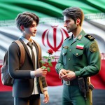 دانش آموز پسر ایرانی در حال دادن گل قرمز به پلیس مرد جوان ایرانی با لباس سبز پلیسی و آستین بلند در کنار پرچم ایران