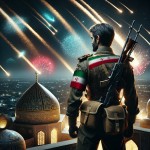 یک سرباز ایرانی در مسجد فلسطین با لباس نظامی و تصویر از پشت وی، بسیار حماسی ونورپردازی سینمایی و شهاب سنگ ها هم بر فراز گنبد مسجد باشند و پرچم ایران و فلسطین هم به شانه این سرباز چسبیده باشد ، و هوا نسبتا تاریک و شب است ، با جزئیات زیاد وضوح بالا