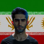 عکس از شخصی که در پشت آن تصویر پرچم هخامنشی است