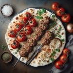 دو سیخ کباب کوبیده با دو عدد گوجه کبابی، یک پره جعفری، پیاز خلالی، روی نان تافتون، از زاویه دید بالا