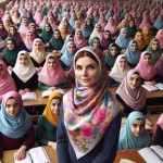 خانم معلم جوان با حجاب در کلاس بزرگ درس دختران که همه حجاب دارند با روسری های صورتی و آبی و سبز
