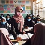 خانم معلم جوان با حجاب در کلاس درس دختران که همه حجاب دارند با مقنعه های صورتی و آبی