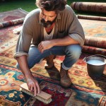 یک مرد چاغ سبیلی با مزه در حال شستن قالی