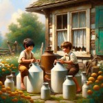 نقاشی رنگ و روغن دو پسربچه که روی ظرف های بزرگ نگهداری شیر درمقابل پنجره خانه روستایی نشسته اند و در مقابلشان سبزه ها و گل های زرد رنگ