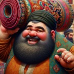 یک مرد چاق سبیل دار بامزه که فرش به همراه دارد