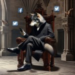 یک گرگ با کت و شلوار مشکیکه روی صندلی بزرگ در قلعه ی تاریک و سنگی خود نشسته است و در حال بازی با موبایل است و یک لوگوی اینستاگرام و یک لوگوی فیسبوک بر روی زمین افتاده است