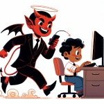 یک شیطان با کت و شلوار مشکی در حال بازی با موبایل و تعقیب کردن پسر بچه در حال بازی با کامپیوتر