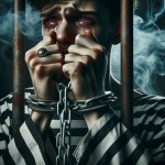 یک پسر جوان سفید پوست 20 ساله با لباس زندانی که دست هایش با زجیر بسته شده است پشت میله های زندان در حال گریه کردن و ناراحتی است