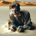 یک پسر جوان سفید پوست 20 ساله با لباس زندانی و دست و پاهای بسته شده با زنجیر وسط کویر در حال فریاد زدن است
