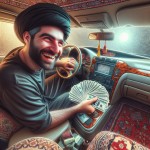 یک تصویر بساز از درون یک ماشین که یک مرد ایرانی در حال حمل مقدار زیادی پول نقد با ماشین شخصی خود است و لبخند بر چهره دارد