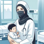 یک پرستار زن ایرانی با لباس سفید و مقنعه مشکی در حال مراقبت از یک کودک در بیمارستان