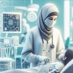 یک پرستار زن ایرانی با لباس سفید و مقنعه مشکی در حال مراقبت از یک کودک در بیمارستان