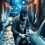 یک دزد ایرانی با نقاب در کوچه ای خلوت در حال سرقت یک خودرو است در حالی که میخندد