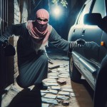 یک دزد ایرانی با نقاب در کوچه ای خلوت در حال سرقت یک خودرو است در حالی که میخندد