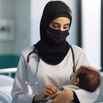 یک پرستار زن ایرانی با لباس سفید و مقنعه مشکی در حال مراقبت از یک کودک در بیمارستان