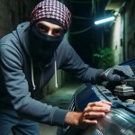 یک دزد ایرانی با نقاب در کوچه ای خلوت در حال سرقت یک خودرو است در حالی که میخندد