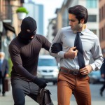 یک دزد مرد با نقاب و لباس مشکی در حال درگیری با یک مرد بی گناه ایرانی با شلوار و پیراهن قهوه ای در خیابان