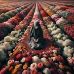 عکس یک دختر زیبا با حجاب کامل در حال نماز خواندن در باغ گل
