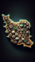 نقشه واقعگرایانه ایران ، با نماد هایی از پیشرفت در علم و فناوری ، ازجمله ، قدرت نظامی و موشکی ، قدرت اقتصادی، و قدرت هسته ای