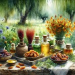 تصویر از زعفران و عرقیات گیاهی در کنار عسل و فراورده‌های خرمایی بر روی میز در فضای سر سبز، استایل آبرنگ