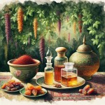 تصویر از زعفران و 2 بطری عرقیجات گیاهی در کنار ظرف عسل و فراورده‌های خرمایی بر روی میز در فضای سرسبز، استایل آبرنگ، سبک ایرانی