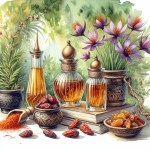 تصویر از زعفران و 2 بطری عرقیجات گیاهی در کنار دو ظرف عسل و فراورده‌های خرمایی بر روی میز در فضای سرسبز، استایل آبرنگ