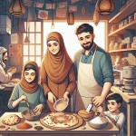 تصویری از یک کسب و کار خانوادگی مدرن، با حضور زن و شوهر و دو فرزند، در زمینه مواد خوراکی  در کشور ایران و با حجاب چادر