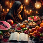 یک خانم محجبه در یک کافه در شب یلدا با انار و شیرینی و آجیل و هندوانه و خرمالو و سیب و کتاب حافظ ...