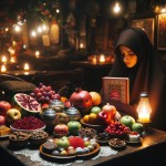 یک خانم محجبه در یک کافه در شب یلدا با انار و شیرینی و آجیل و هندوانه و خرمالو و سیب و کتاب حافظ ...