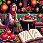 یک خانم محجبه در یک کافه در شب یلدا با انار و کتاب حافظ ...