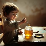 an iranian child is eating honey.