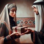یک زن چادری باحجاب یک پارچه سیاه به یک زن عرب هدیه میدهد