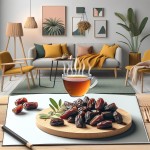 یک لیوان چای و یک ظرف خرما با روکش شکلات در کنارش بر روی یک میز در یک اتاق نشیمن زیبا با دکوراسیون مینیمال و رنگهای شاد