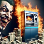 یک دستگاه ATM در حال آتش گرفتن است که پول زیادی در کنار آن روی زمین ریخته است و یک مرد شیطانی در پشت آن ایستاده است و در حال خندیدن است